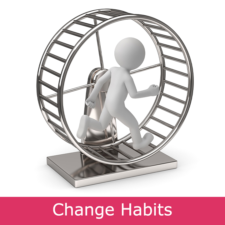 A man walking inside a hamster wheel before his hypnosis session to break bad habits.